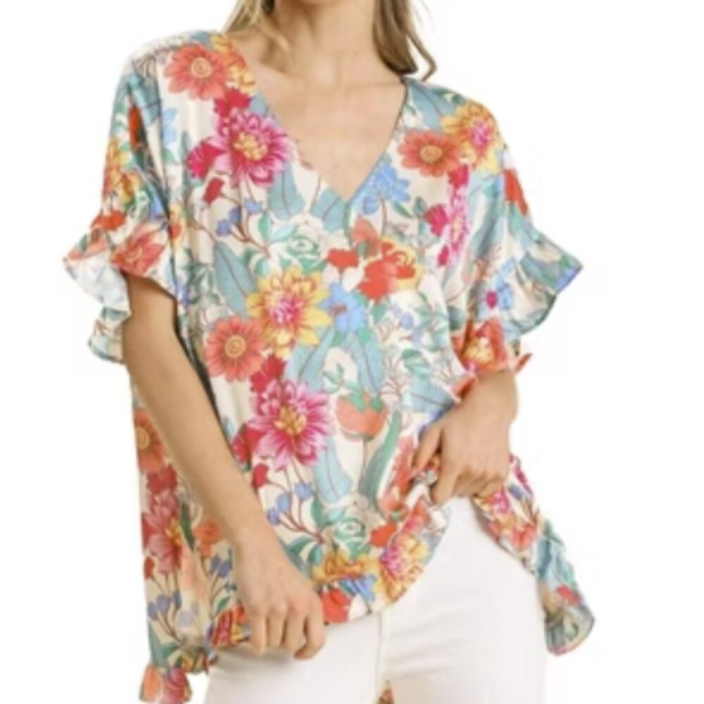 Umgee Large Colorful Floral V neck‎ Ruffle Sleeve Soft Feminine Oversized Blouse